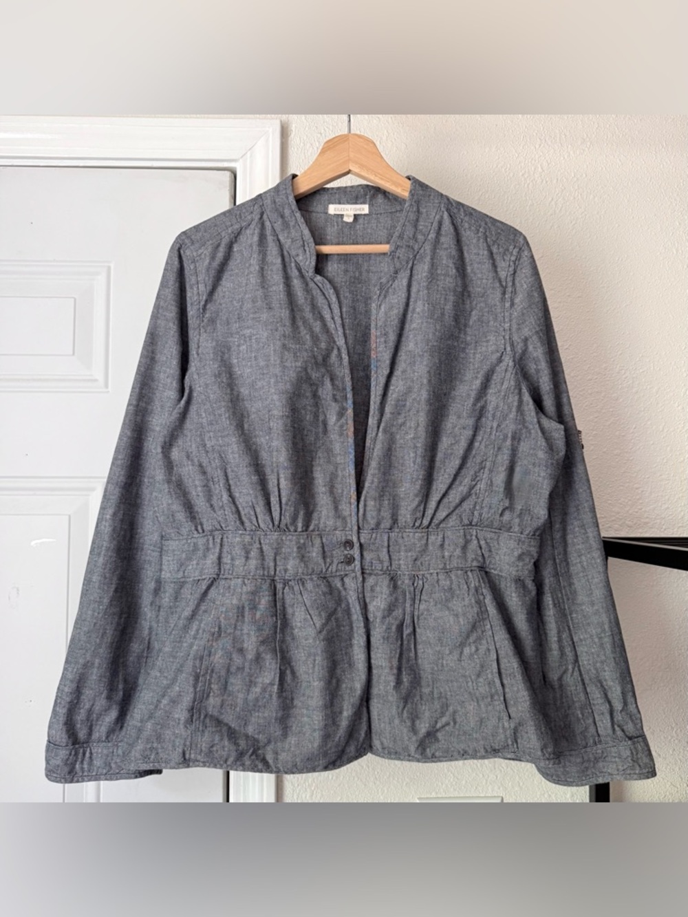 Eileen Fisher blue grey‎ cotton chambray lagenlook button up long sleeve shacket